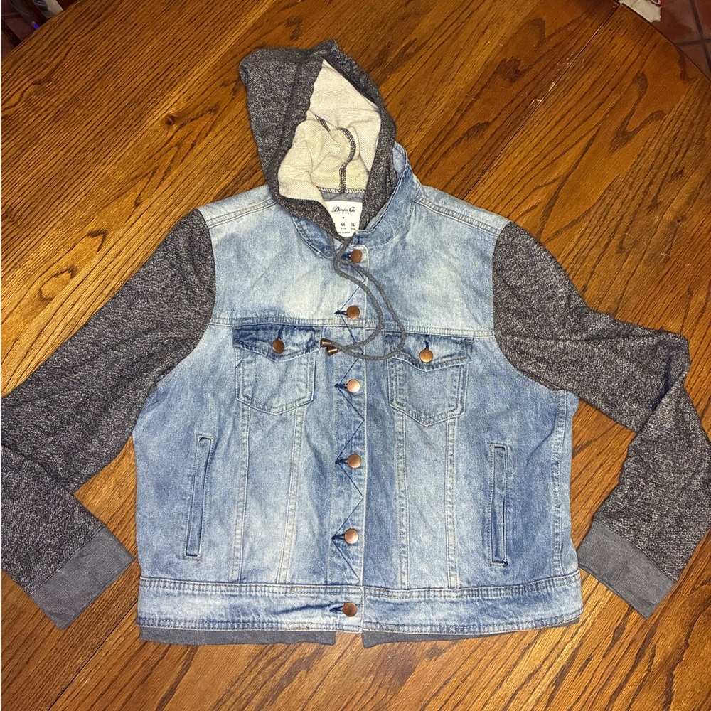 Denim Co Kids Mixed Media Jean Jacket Hoodie Light Wash Grey Size 14